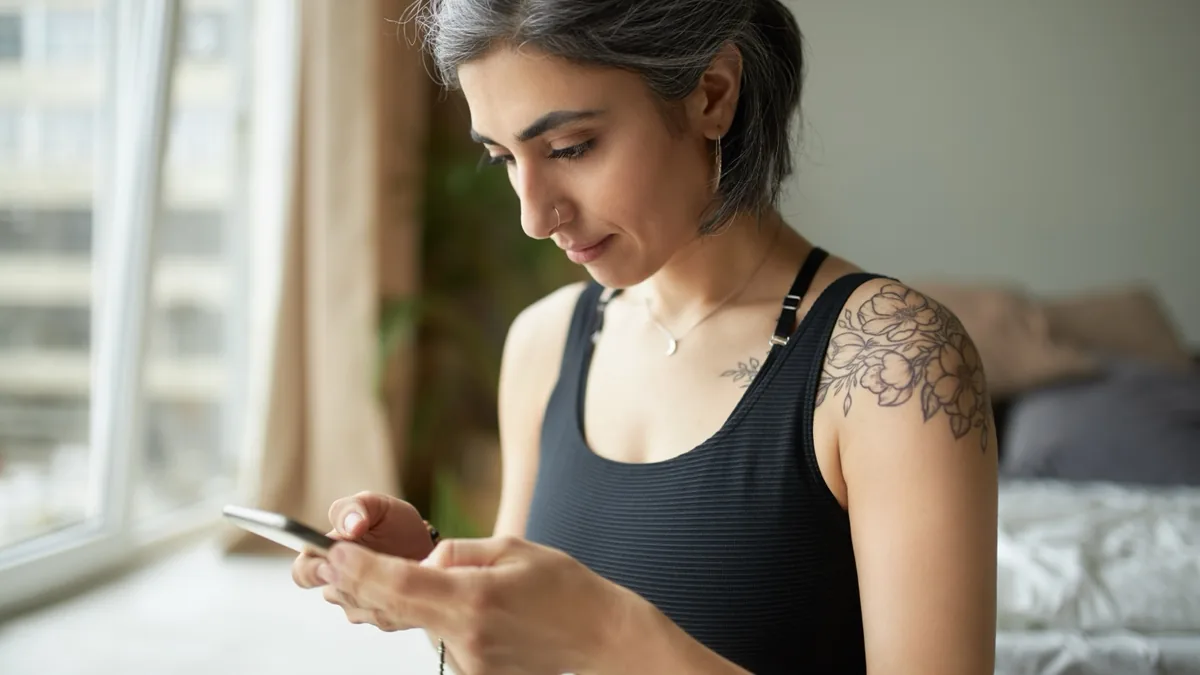 A tattooed person with gray hair, a shoulder tattoo, and a nose piercing sitting indoors and looking at a mobile phone.